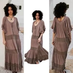 Free People DREAM ON Maxi Dress Size L Taupe Gauze Lace Boho Oversized Flowy